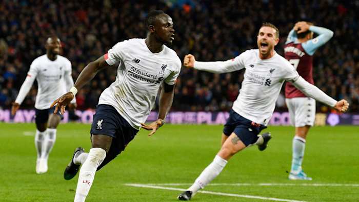 Sadio Mane celebrates after scoring the match winner against Aston Villa.